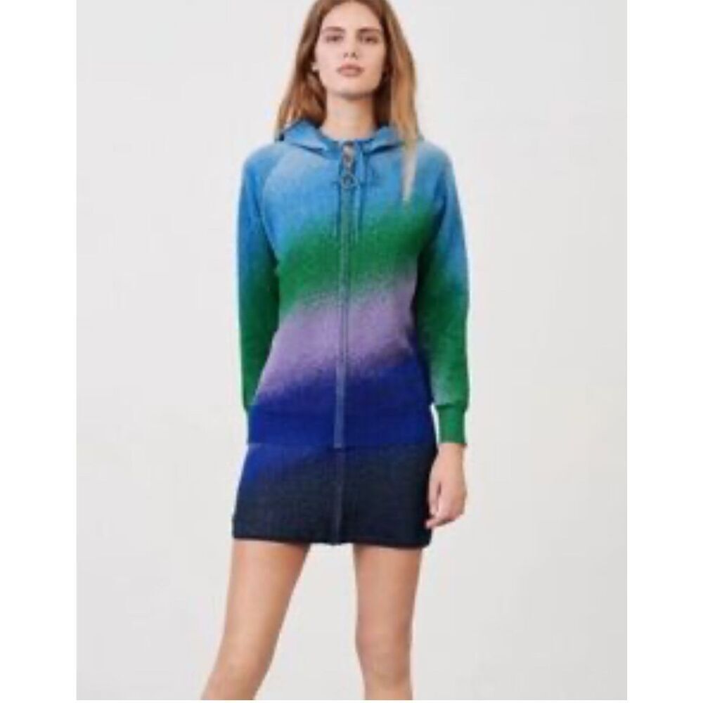 Maje Metallic Multicolor Full Zip Hooded Sweater Blue Purple Green SIZE S/M